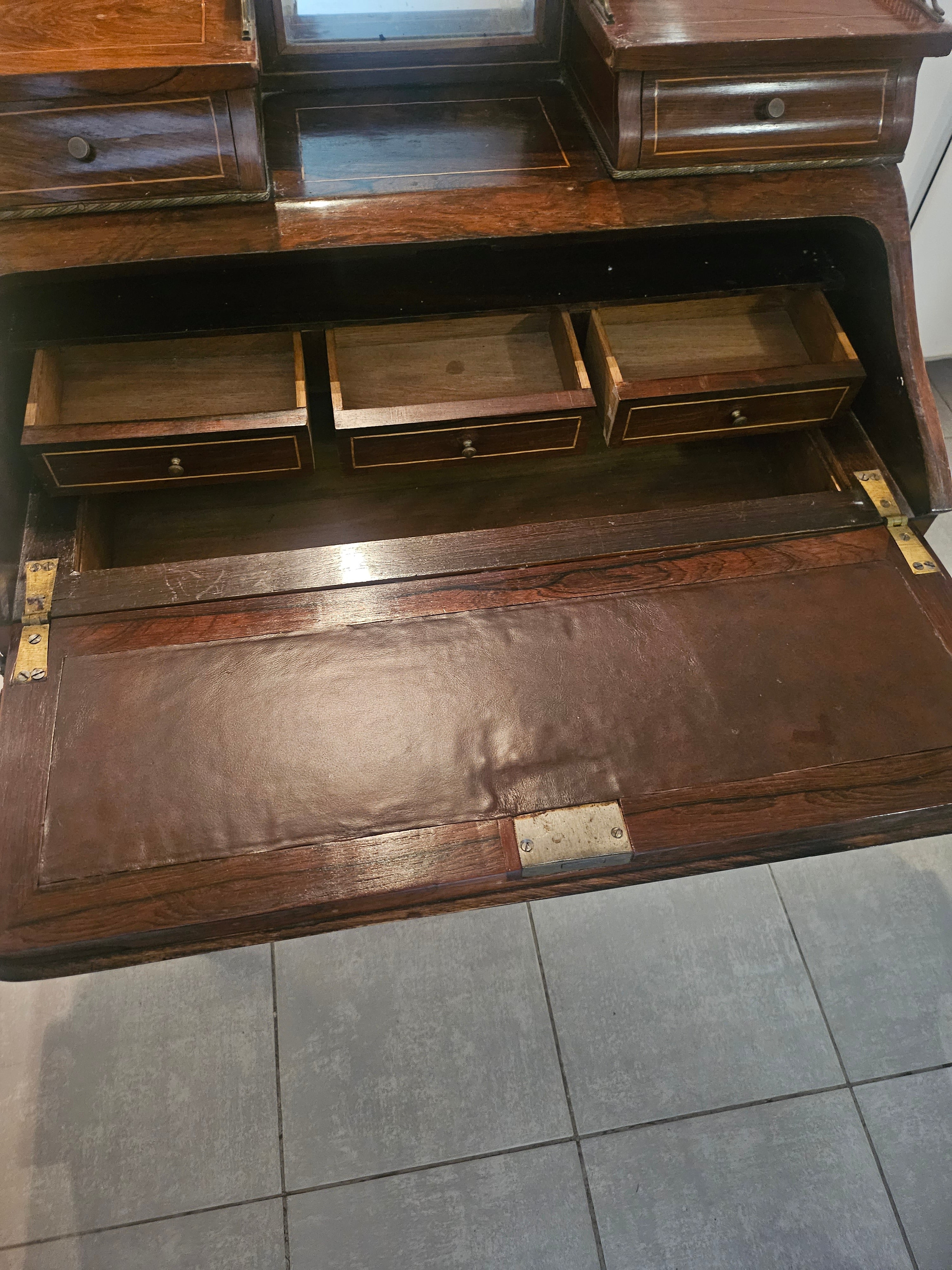 Secrétaire de dame ancien à abattant avec miroir fixe et cuir d'écriture