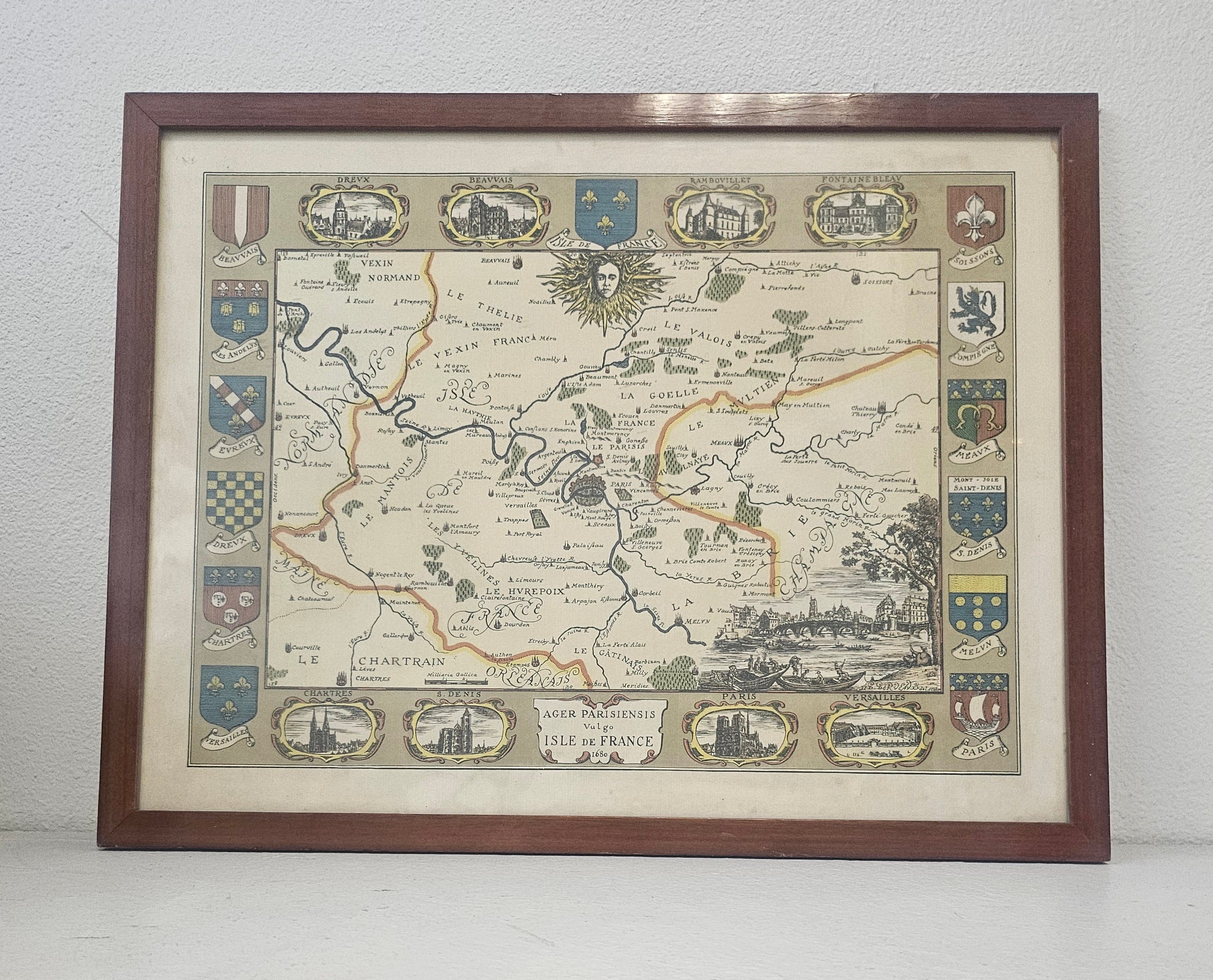 Carte ancienne de l’Île-de-France encadrée – Reproduction décorative style XVIIe siècle