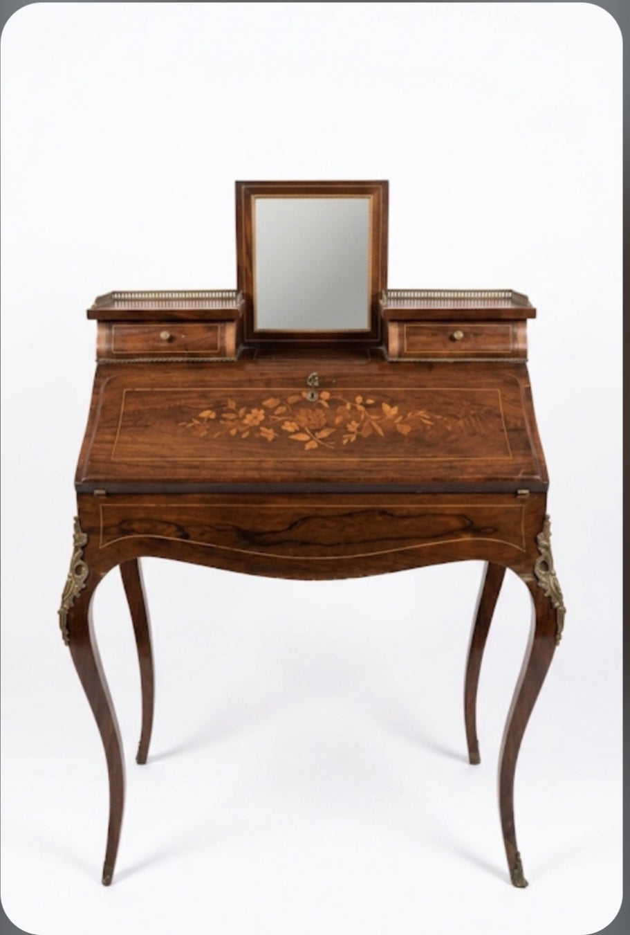 Secrétaire de dame ancien à abattant avec miroir fixe et cuir d'écriture
